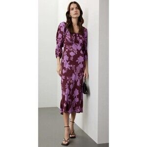 Peter Som Purple Floral Print Midi Square-Neck Dress Size 2